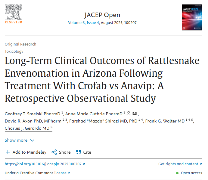 Just Published!! Our center conducted a study to compare patient-reported outcomes regarding tissue injury cased by rattlesnake envenomation for patients treated with Crofab or Anavip. sciencedirect.com/science/articl…

#rattlesnake #rattlesnakebite #envenomation #crofab #anavip #research
