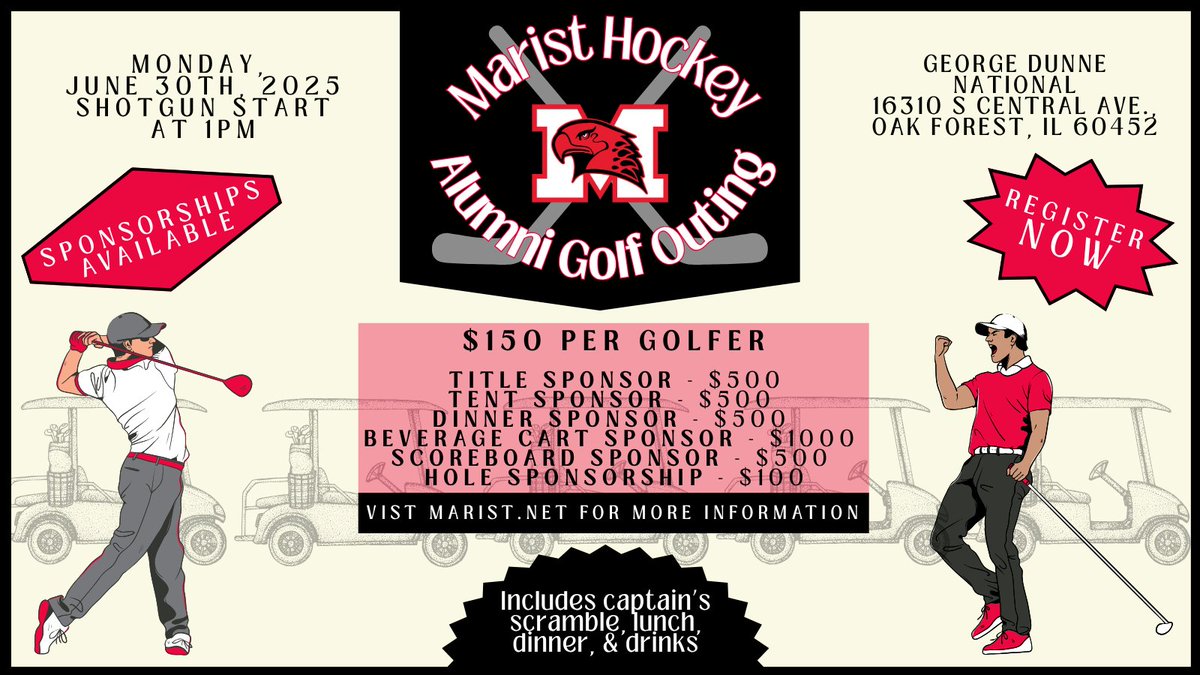 Attention Marist Hockey Alumni and Families! The Marist Hockey Alumni Golf Outing is just two weeks away, on Monday, June 30th. If you haven't already, get registered and explore sponsorship opportunities. For more info and to register, click the link: marist.net/hockey-program…