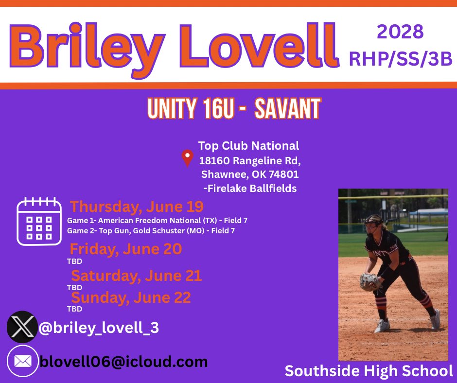 Briley Lovell (@briley_lovell_3) on Twitter photo TOP CLUB NATIONALS!!🔥
📍OKC
🗓️ June 19th-22nd
<a href="/MeanGreenSB/">UNT Softball</a> <a href="/AuburnSoftball/">Auburn Softball</a> <a href="/cowgirlsb/">OSU Cowgirl Softball</a> <a href="/OU_Softball/">Oklahoma Softball</a> <a href="/AggieSoftball/">Texas A&M Softball</a>
<a href="/HuskerSoftball/">Nebraska Softball</a> <a href="/DukeSOFTBALL/">Duke Softball</a> <a href="/nicholls_sb/">Nicholls Softball</a> @wmcareysoftball
See you there! TOP CLUB NATIONALS!!🔥
📍OKC
🗓️ June 19th-22nd
<a href="/MeanGreenSB/">UNT Softball</a> <a href="/AuburnSoftball/">Auburn Softball</a> <a href="/cowgirlsb/">OSU Cowgirl Softball</a> <a href="/OU_Softball/">Oklahoma Softball</a> <a href="/AggieSoftball/">Texas A&M Softball</a>
<a href="/HuskerSoftball/">Nebraska Softball</a> <a href="/DukeSOFTBALL/">Duke Softball</a> <a href="/nicholls_sb/">Nicholls Softball</a> @wmcareysoftball
See you there!