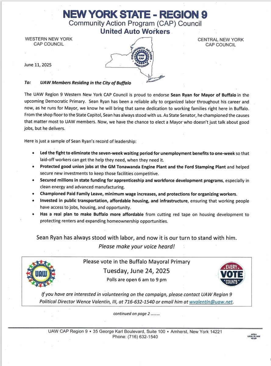 UAWregion9's tweet image. The WNY CAP Council is proud to endorse Sean Ryan for Mayor of Buffalo.
He has always stood with us in the State Leg, he championed the causes that matter most to UAW members. Now, we have the chance to elect a Mayor who doesn’t just talk about good jobs— Make your voice heard!