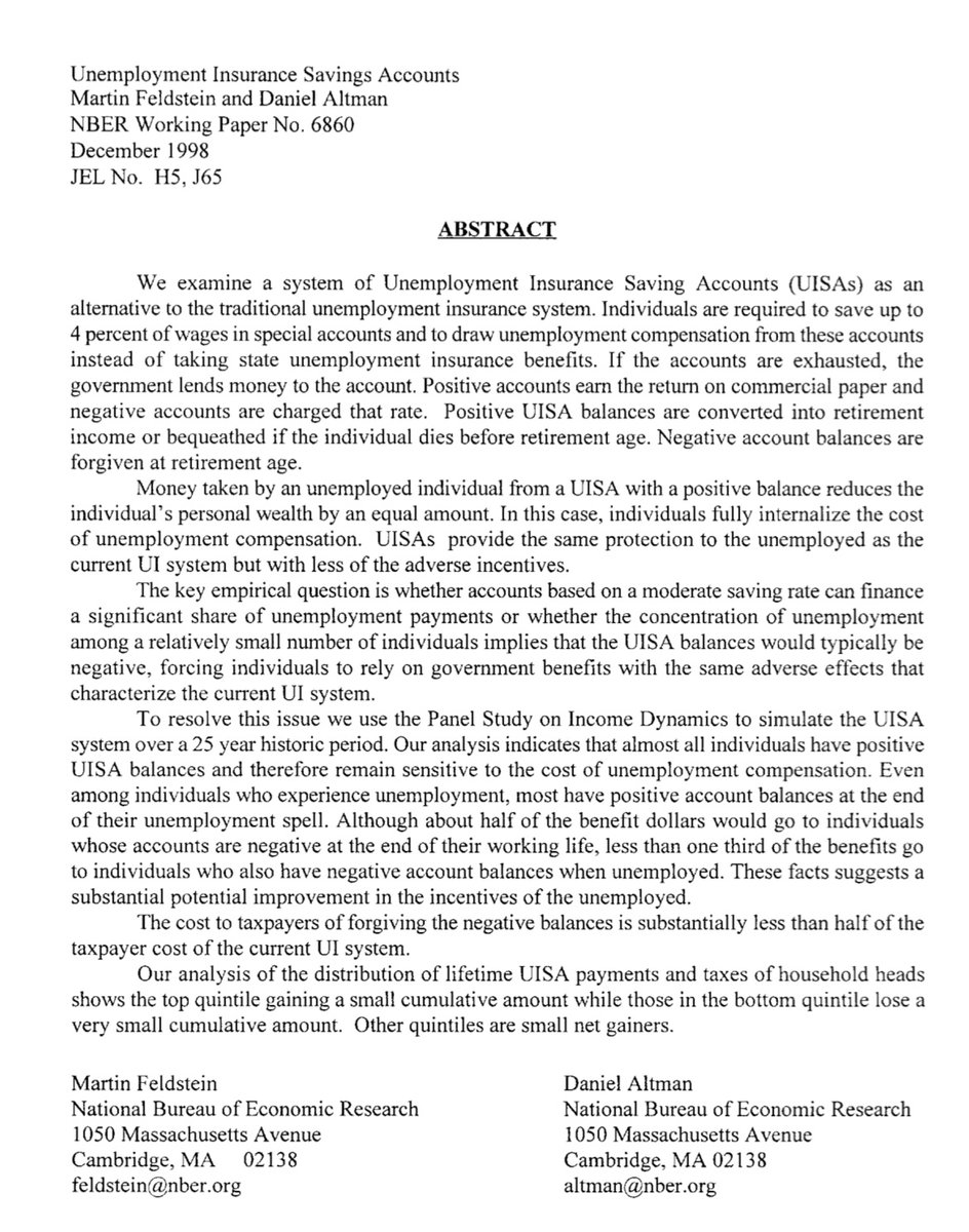Oui, Martin Feldstein avait proposé ça aux US il y a déjà une trentaine d’années. Ça résout un peu le problème d’aléa moral de l’assurance-chômage, mais il y a une question de parametrage du “plancher”…