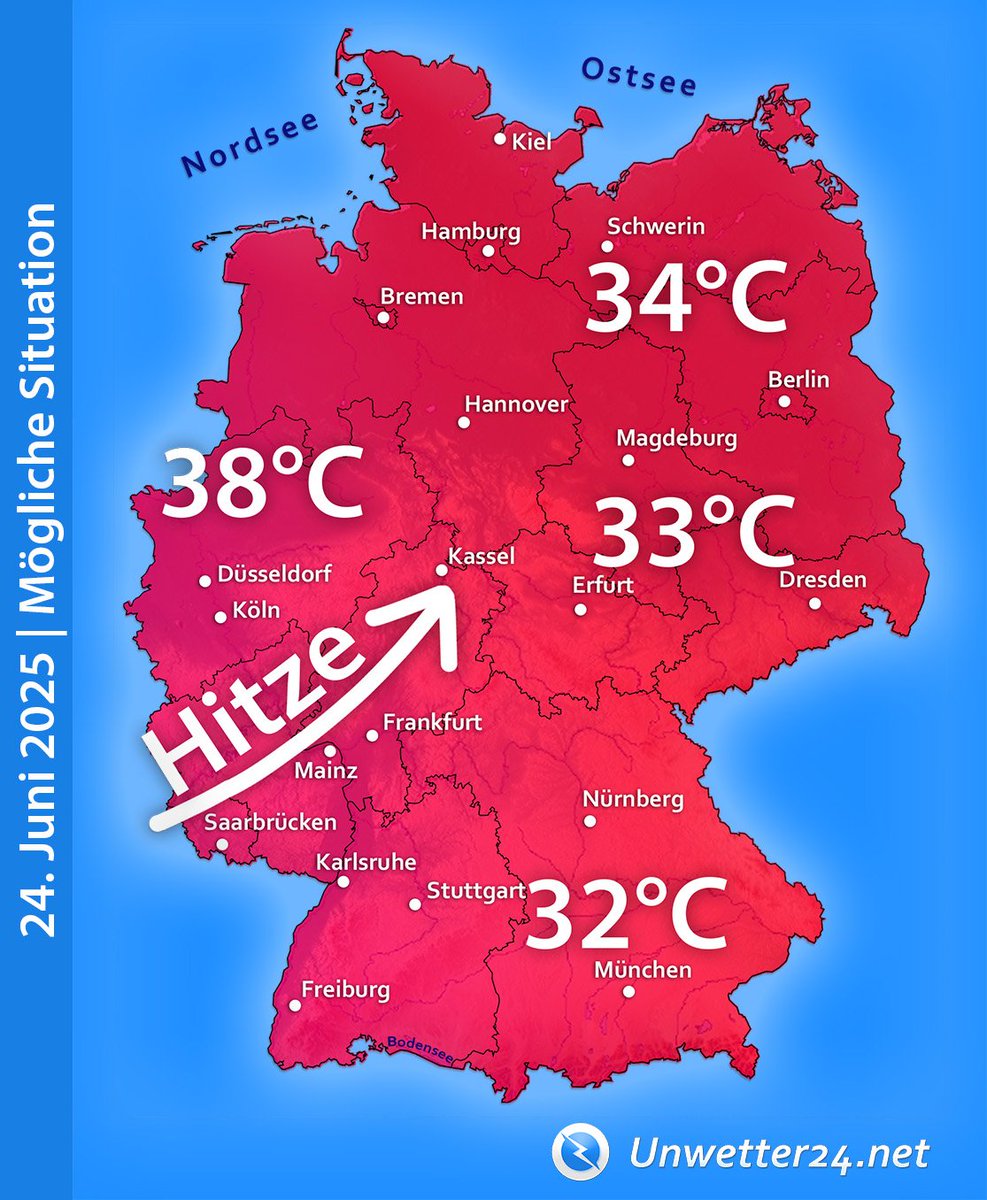 Unwetter24net's tweet photo. 🌤️ Trend geht Richtung große Hitze – bald nahe 40 Grad? 🌡️
Schon in den kommenden Tagen wird die 30-Grad-Marke erreicht und überschritten. Geht es anschließend sogar weit über die 35 Grad hinaus?
Eine erste Antwort: https://t.co/NoQyKlU4iU
#Hitze #Hitzewelle #30Grad #Wetter https://t.co/wtb79d010W