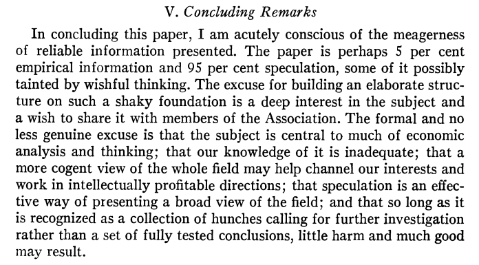 Old papers are awesome. This is the original Kuznets paper introducing the Kuznets' curve, published in the American Economic Review (1955). "5 percent empirical and 95 percent speculation", "wishful thinking", "shaky foundation", "a collection of hunches"... can we go back?