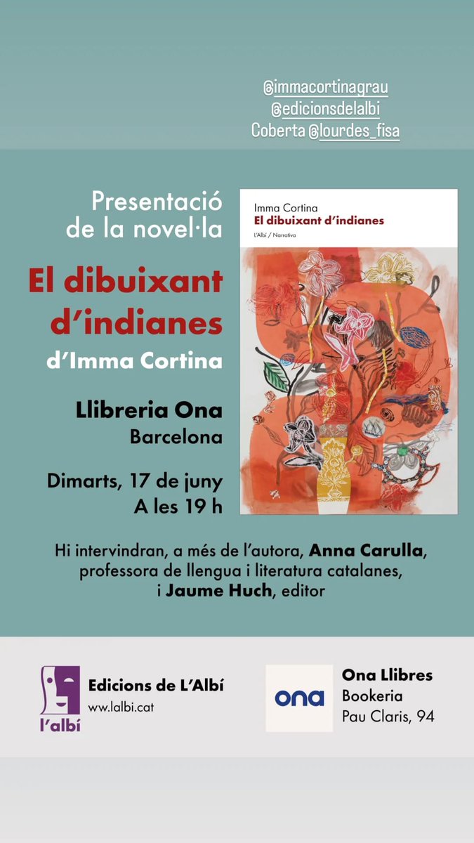 Jaume Huch i Camprubí (@jaumehuch) on Twitter photo Imma Cortina presenta la novel·la
El dibuixant d'indianes a <a href="/OnaLlibres/">Ona Llibres</a>. Una gran història, que ens arriba després de l'èxit de La cuinera dels senyors. I amb la magnífica il·lustració, a la coberta, de Lourdes Fisa i els dibuixos de <a href="/jaumegubianas/">Jaume Gubianas</a>. Imma Cortina presenta la novel·la
El dibuixant d'indianes a <a href="/OnaLlibres/">Ona Llibres</a>. Una gran història, que ens arriba després de l'èxit de La cuinera dels senyors. I amb la magnífica il·lustració, a la coberta, de Lourdes Fisa i els dibuixos de <a href="/jaumegubianas/">Jaume Gubianas</a>.