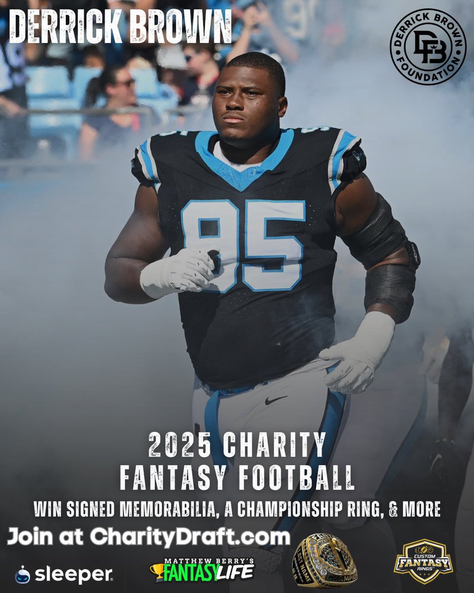 AE30Foundation's tweet image. ‼️Announcing the 1st annual Derrick Brown Charity Fantasy Football League! Profits support Derrick Brown Foundation.
Prizes include game worn gear, signed memorabilia, a championship ring, and more.
REGISTER NOW at CharityDraft.com 🏈