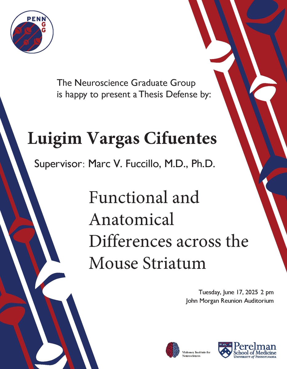 PennNGG's tweet image. #NGG is proud to present our next Thesis Defense given by Luigim Vargas Cifuentes of the Fuccillo Lab @Fuccillomarc ! Please join us in person or virtually (DM us for the link) on 6/17. Best of luck, Luigim! #PhAlmostDone 🥳