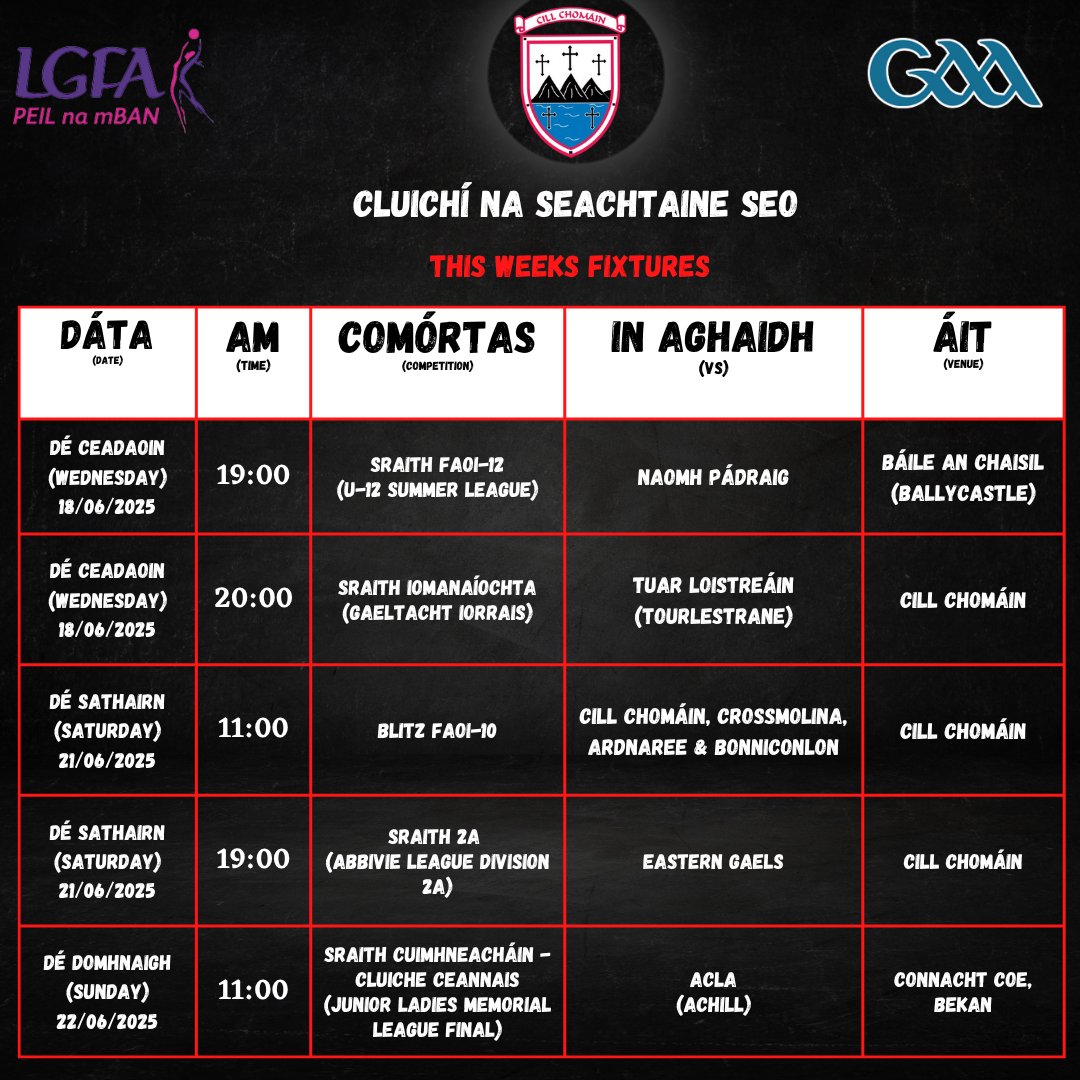 Cluichí na seahtaine seo
Get all the latest news on the CLG Cill Chomáin app member.clubspot.app/club/cill-chom…