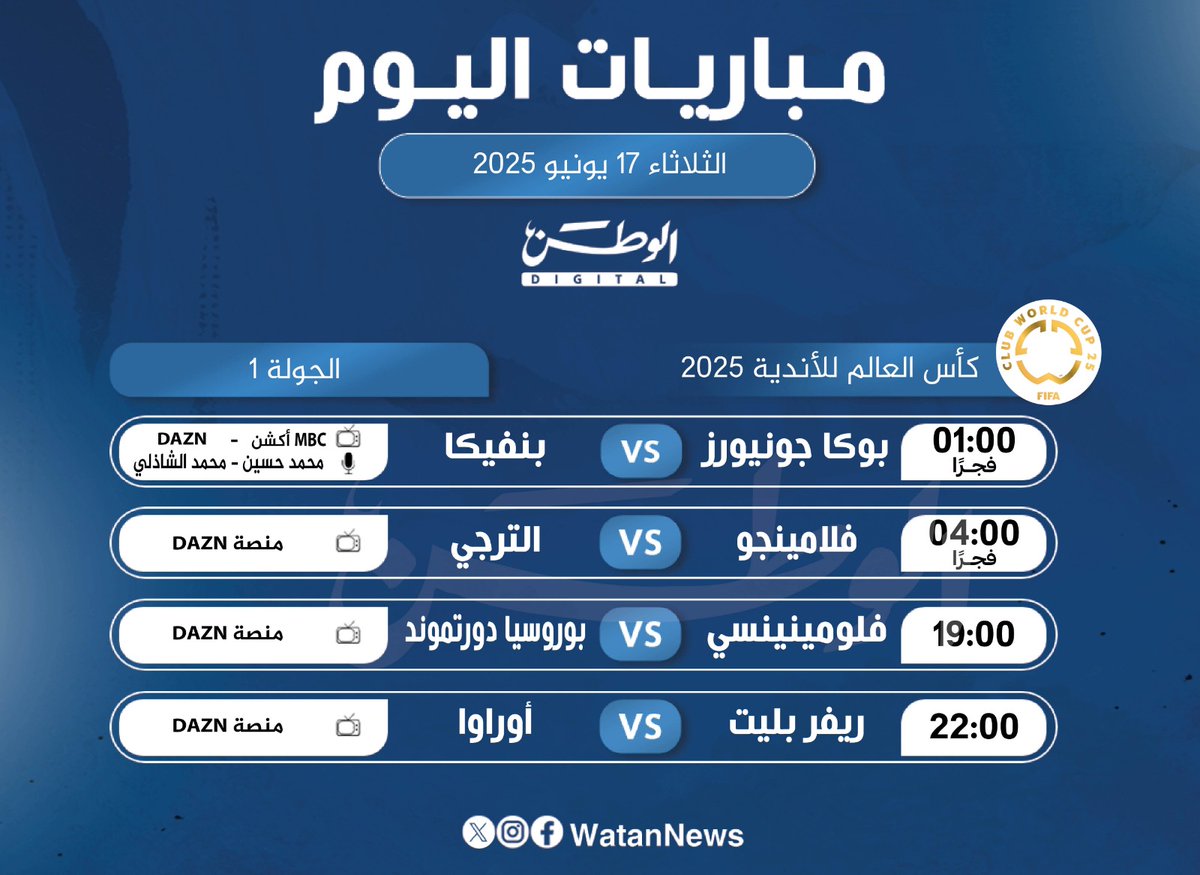 أبرز المباريات العالمية ليوم الثلاثاء 17 يونيو 2025
alwatan.kuwait.tt/articledetails…
