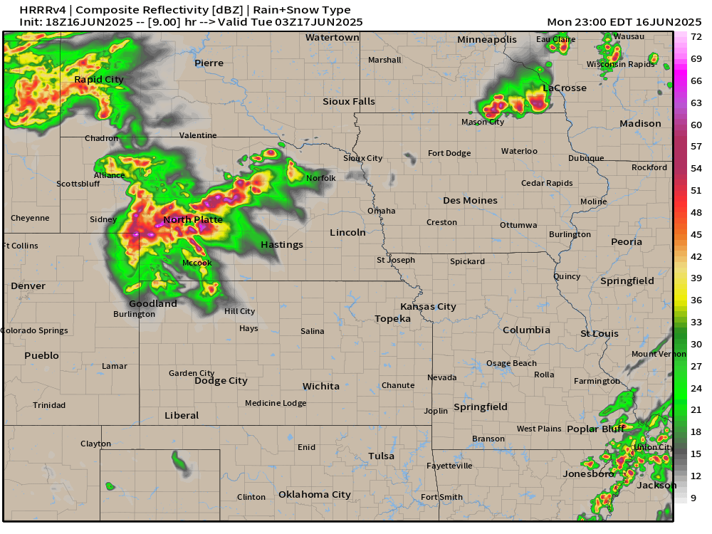 Shown is a simulated radar scenario from HRRR for 10 PM CDT tonight amid a level 3 out of 5 risk of severe weather in parts of Nebraska and Minnesota. The risks include winds, hail and a few tornadoes.

TT