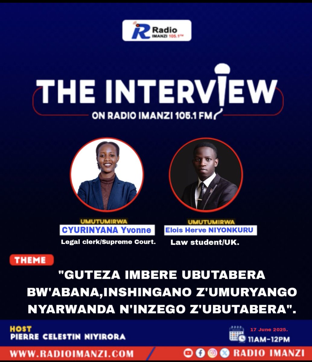 Just_Lead International conference (@jl_conference) on Twitter photo We’ve officially kicked off the Legal Awareness Campaign as part of our #JustLead2025 journey!
🎙️ Tomorrow, we’ll be live on Radio Imanzi discussing:
“Guteza Imbere Ubutabera bw’Abana: Inshingano z’Umuryango Nyarwanda n’Inzego z’Ubutabera.”
<a href="/Moisenkunda/">Moïse NKUNDABARASHI (Adv.)🇷🇼</a> <a href="/ButeraMgasa/">Butera Michael Mgasa</a> We’ve officially kicked off the Legal Awareness Campaign as part of our #JustLead2025 journey!
🎙️ Tomorrow, we’ll be live on Radio Imanzi discussing:
“Guteza Imbere Ubutabera bw’Abana: Inshingano z’Umuryango Nyarwanda n’Inzego z’Ubutabera.”
<a href="/Moisenkunda/">Moïse NKUNDABARASHI (Adv.)🇷🇼</a> <a href="/ButeraMgasa/">Butera Michael Mgasa</a>