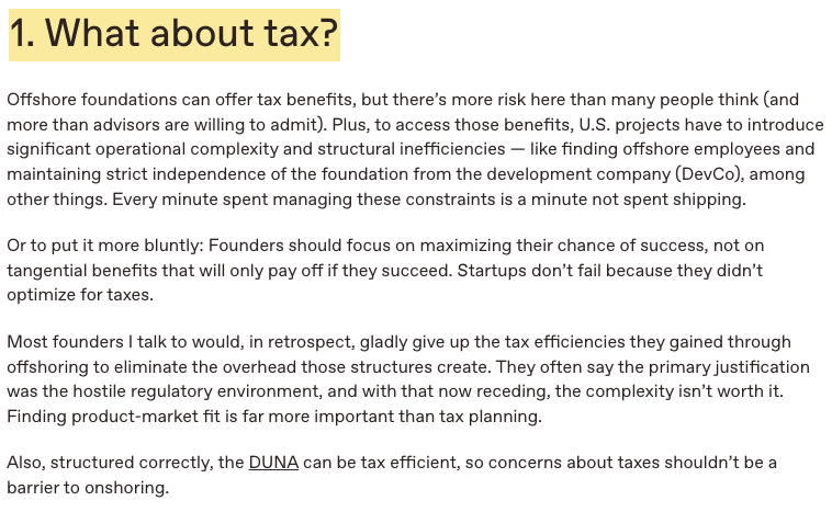 milesjennings's tweet photo. 5 follow ups on ending crypto offshoring:

1⃣ What about tax?
2⃣ Aren't Public Benefit Corps and Foundations similar? 
3⃣ Is there a role for foundations going forward?
4⃣ What about foundation-only models?
5⃣ Don't DUNAs face the same issues as foundations? https://t.co/pGBMX7nSVF
