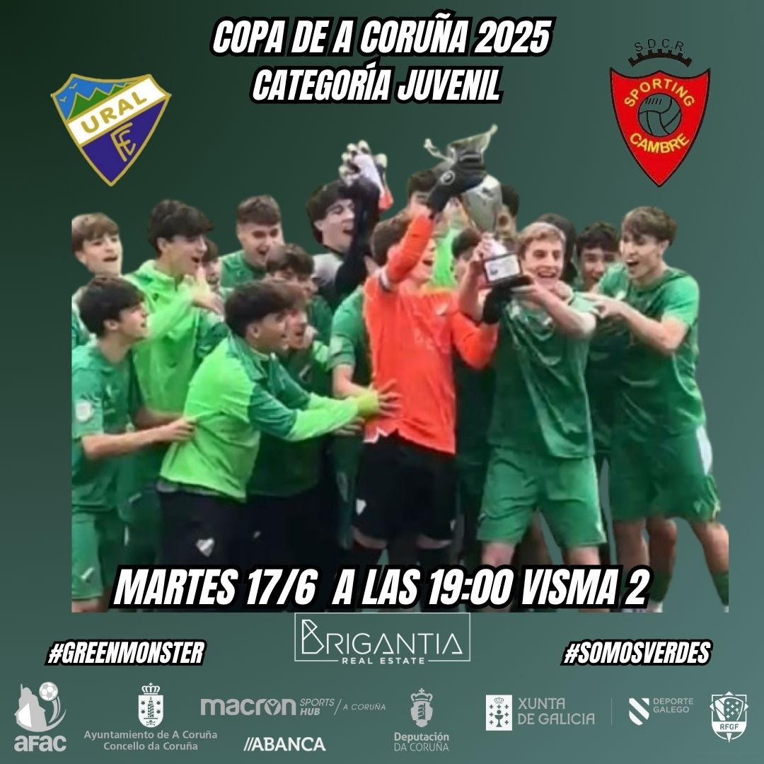 Ural-Español c.f. (@uralespanol) on Twitter photo Mañana tarde de 🏆, el Juvenil B tras quedar campeón de Liga Gallega intentará ganar también a #copacoruña enfrentándose al <a href="/FBaseSpCambre/">SpCambreOficial</a>
📆 Martes 17/6
⌚ 19:00 H
🏟️ Visma 2
Mucha suerte!! Mañana tarde de 🏆, el Juvenil B tras quedar campeón de Liga Gallega intentará ganar también a #copacoruña enfrentándose al <a href="/FBaseSpCambre/">SpCambreOficial</a>
📆 Martes 17/6
⌚ 19:00 H
🏟️ Visma 2
Mucha suerte!!