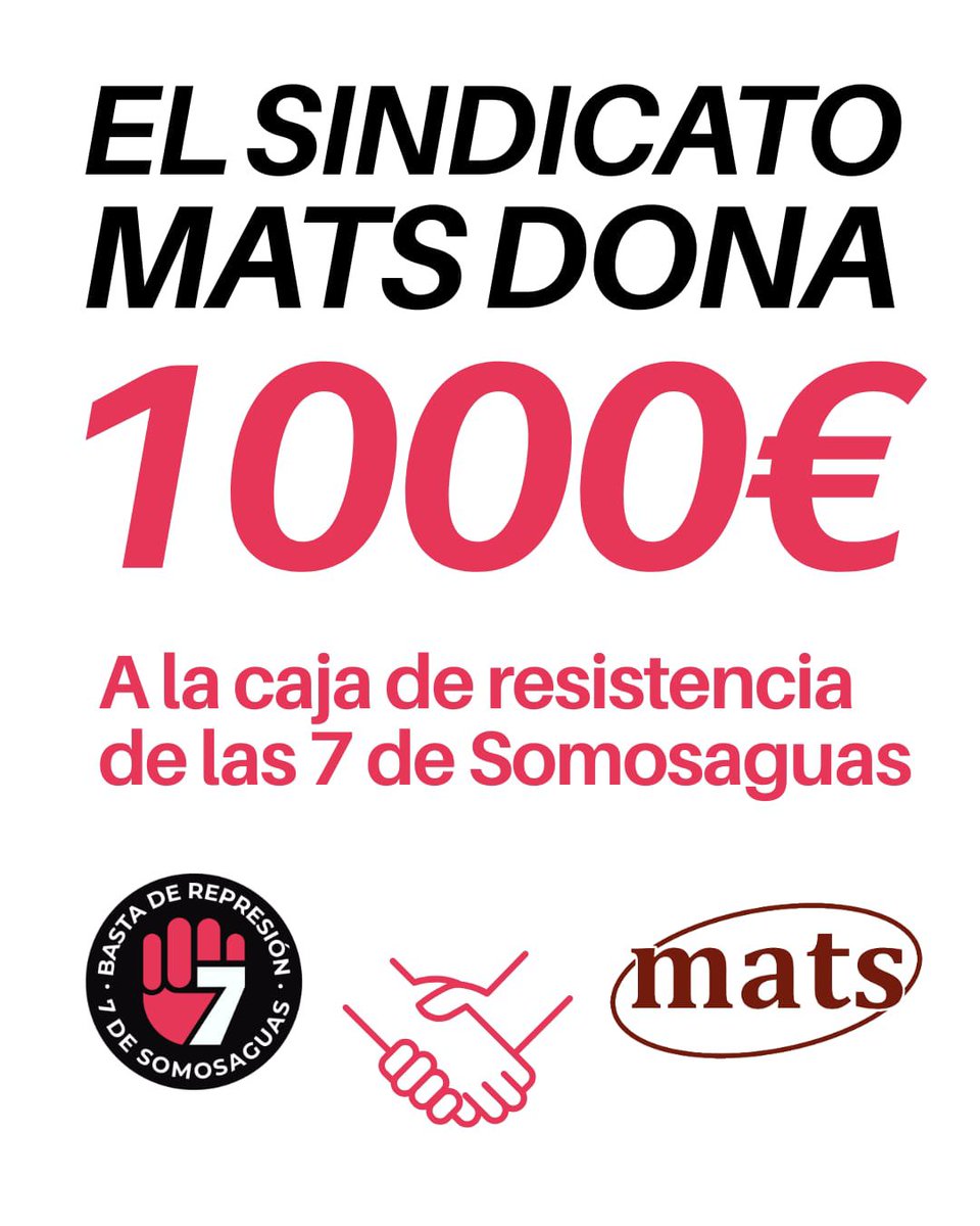 7deSomosaguas's tweet image. EL SINDICATO MATS DONA 1.000€ A LA CAJA DE RESISTENCIA DE LAS 7 DE SOMOSAGUAS.
¡Muchísimas gracias compañerxs por vuestra enorme solidaridad! @matsmadrid
✊🏽A la represión solo la enfrentamos con solidaridad, organización y unidad de clase.