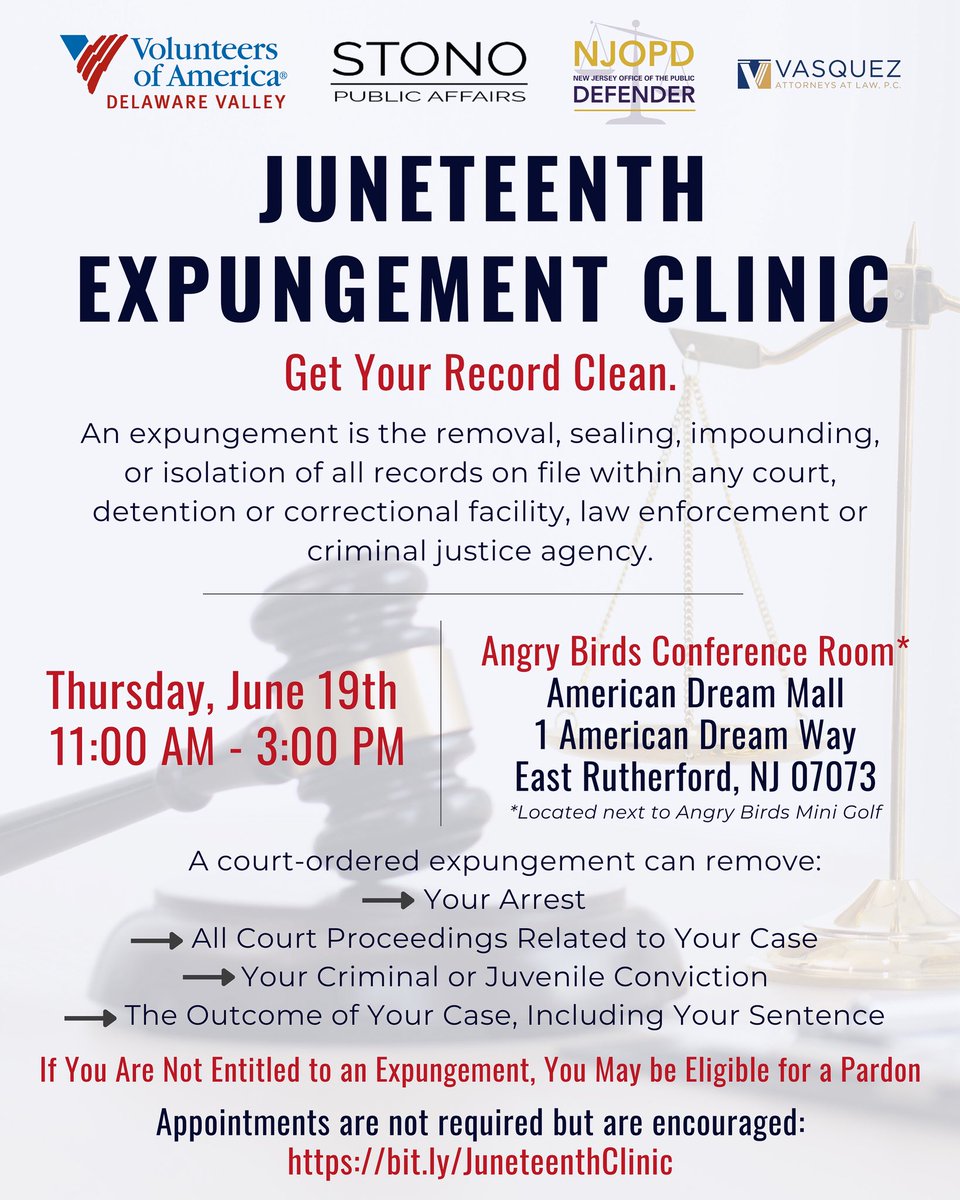 Join us this Thursday, June 19th for an expungement clinic hosted in partnership with <a href="/VOADV/">Volunteers of America Delaware Valley</a> and the <a href="/opd_nj/">New Jersey Office of the Public Defender</a>. Stop by to learn more and see if you’re eligible! 

Appointments are not required, but are encouraged: bit.ly/JuneteenthClin…
