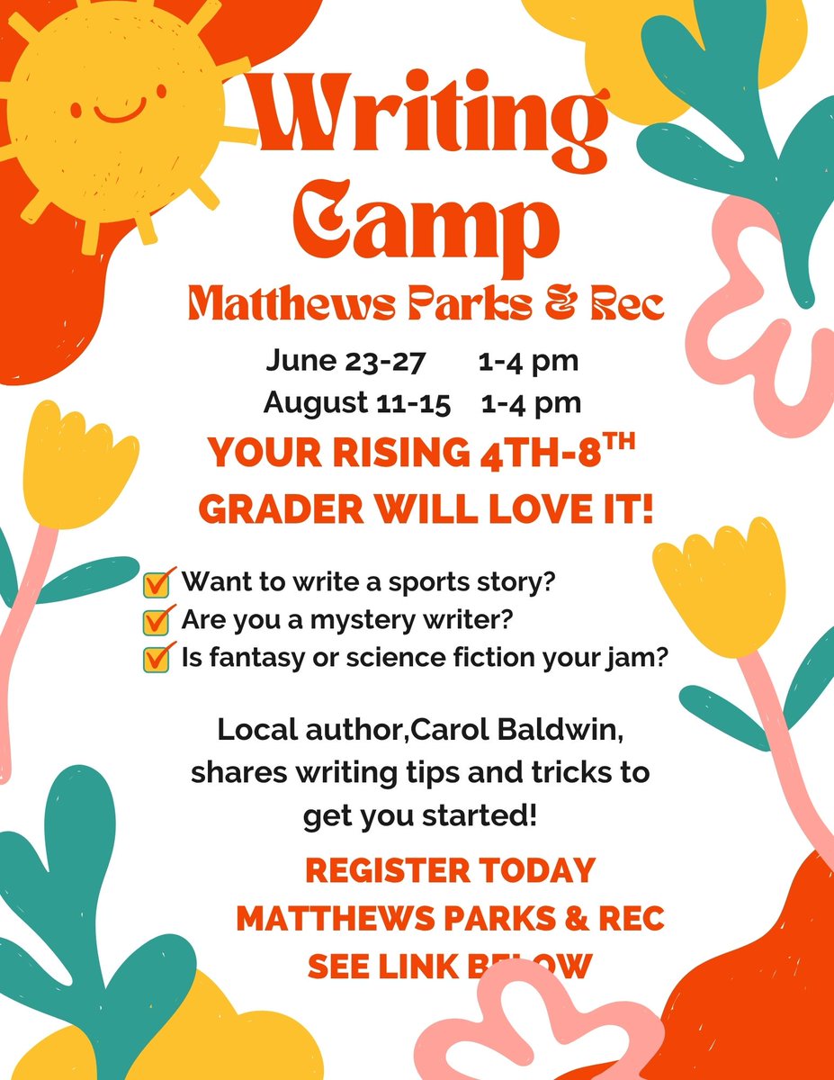 CBaldwinAuthor's tweet photo. Do you have a young #writer in your home? Do you live in or near #MatthewsNC? Consider signing your budding author up for #writing #camp! https://t.co/QkXVHiagS5 https://t.co/2UkabE8tzx