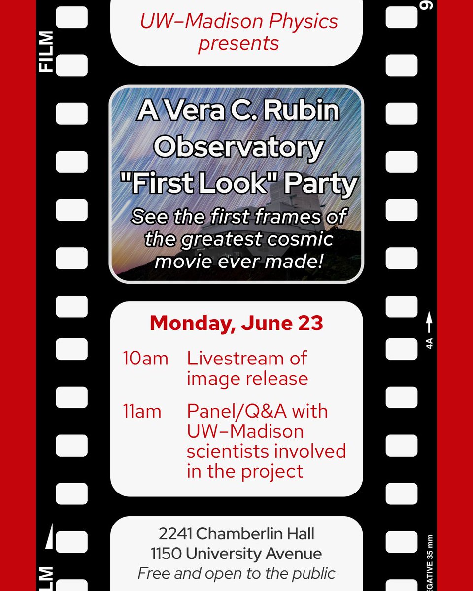 Wisconsin IceCube Particle Astrophysics Center (@uw_wipac) on Twitter photo On June 23, <a href="/VRubinObs/">NSF-DOE Rubin Observatory</a> will release its first-ever images, and <a href="/UWMadPhysics/">UW-Madison Physics</a> wants YOU at the (free) watch party! Don't miss out on cake, coffee, and the next era of astronomy!
📍 Chamberlin Hall
🕙 Livestream starts at 10am CT
🎤 Q&A panel to follow, moderated by Dean Wilcots On June 23, <a href="/VRubinObs/">NSF-DOE Rubin Observatory</a> will release its first-ever images, and <a href="/UWMadPhysics/">UW-Madison Physics</a> wants YOU at the (free) watch party! Don't miss out on cake, coffee, and the next era of astronomy!
📍 Chamberlin Hall
🕙 Livestream starts at 10am CT
🎤 Q&A panel to follow, moderated by Dean Wilcots