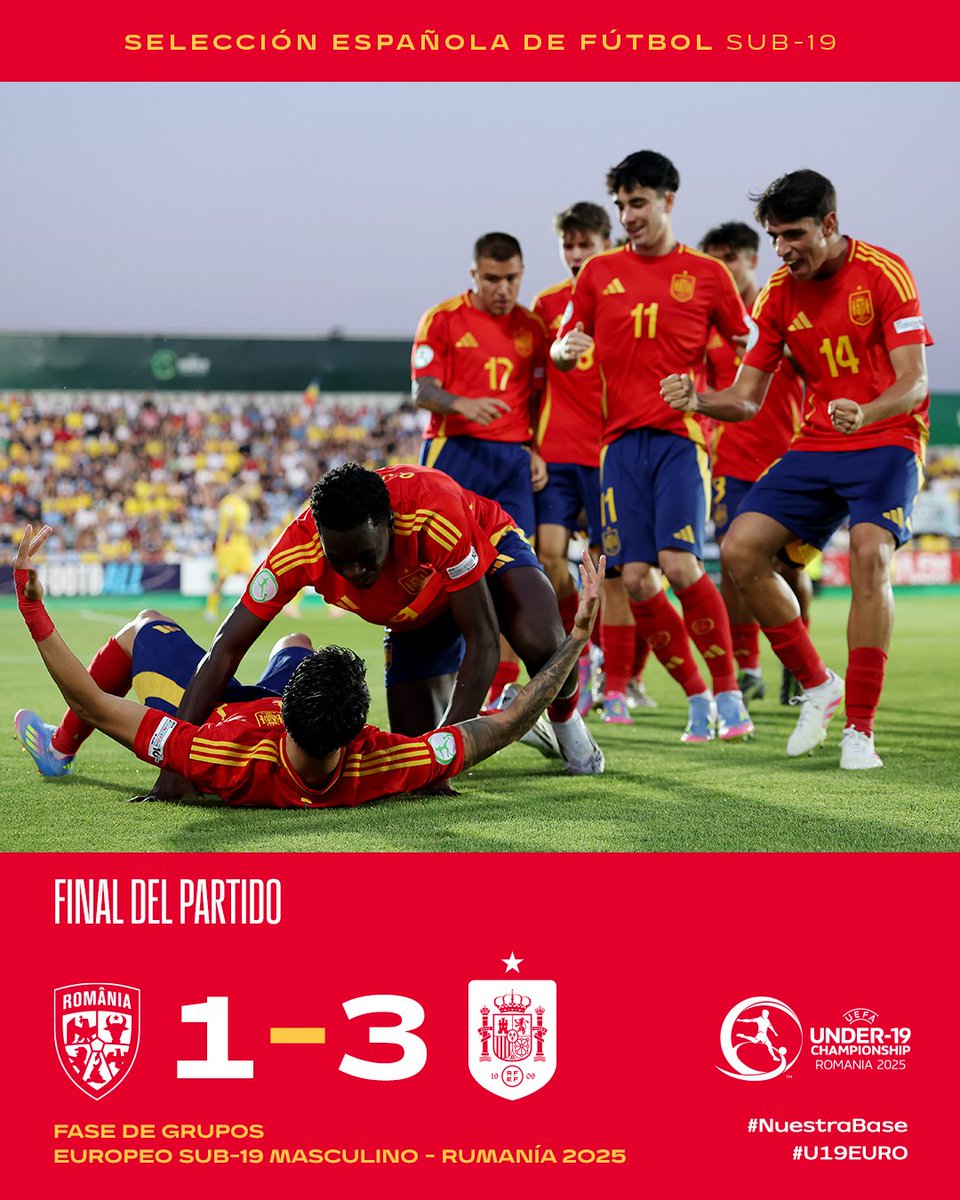¡𝗙𝗜𝗡𝗔𝗔𝗔𝗔𝗟!

✌️ España certifica ante Rumanía su segunda victoria en el #U19EURO.

🇷🇴 1-3 🇪🇸 | 90'+4

#NuestraBase