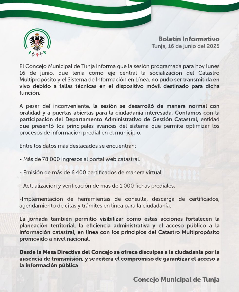 El Concejo de Tunja conoció avances del Catastro Multipropósito y su sistema en línea.
🔧 Por fallas técnicas no se transmitió la sesión, pero se destacaron más de 78.000 visitas al portal y 6.400 certificados emitidos.
#ConcejoDeTunja