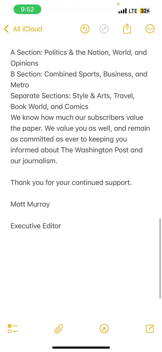 Matt Murray notifies Washington Post print subscribers their newspaper is changing: “We are reordering our sections to improve our efficiency.”
