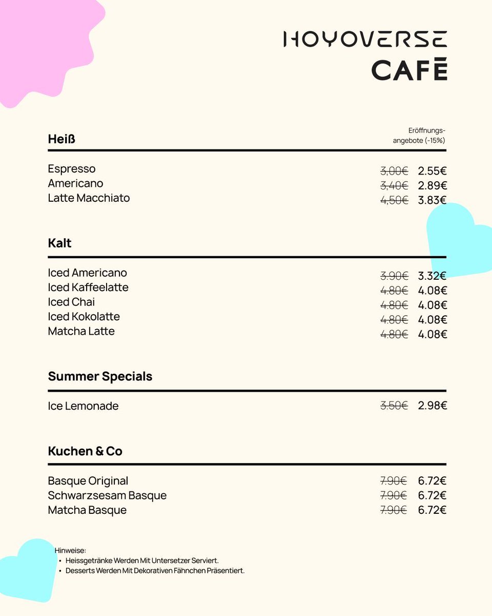 ✨Willkommen im HoYoverse Café – jetzt im Soft Opening!
Genieße bis zum 19. Juni 15 % Rabatt auf alle Angebote. Melde dich jetzt über den Link in unserer Bio für unser besonderes Event „Zu Kaffee und Gefährten“ an und sichere dir exklusive Goodies!
#HoYoverseCafe