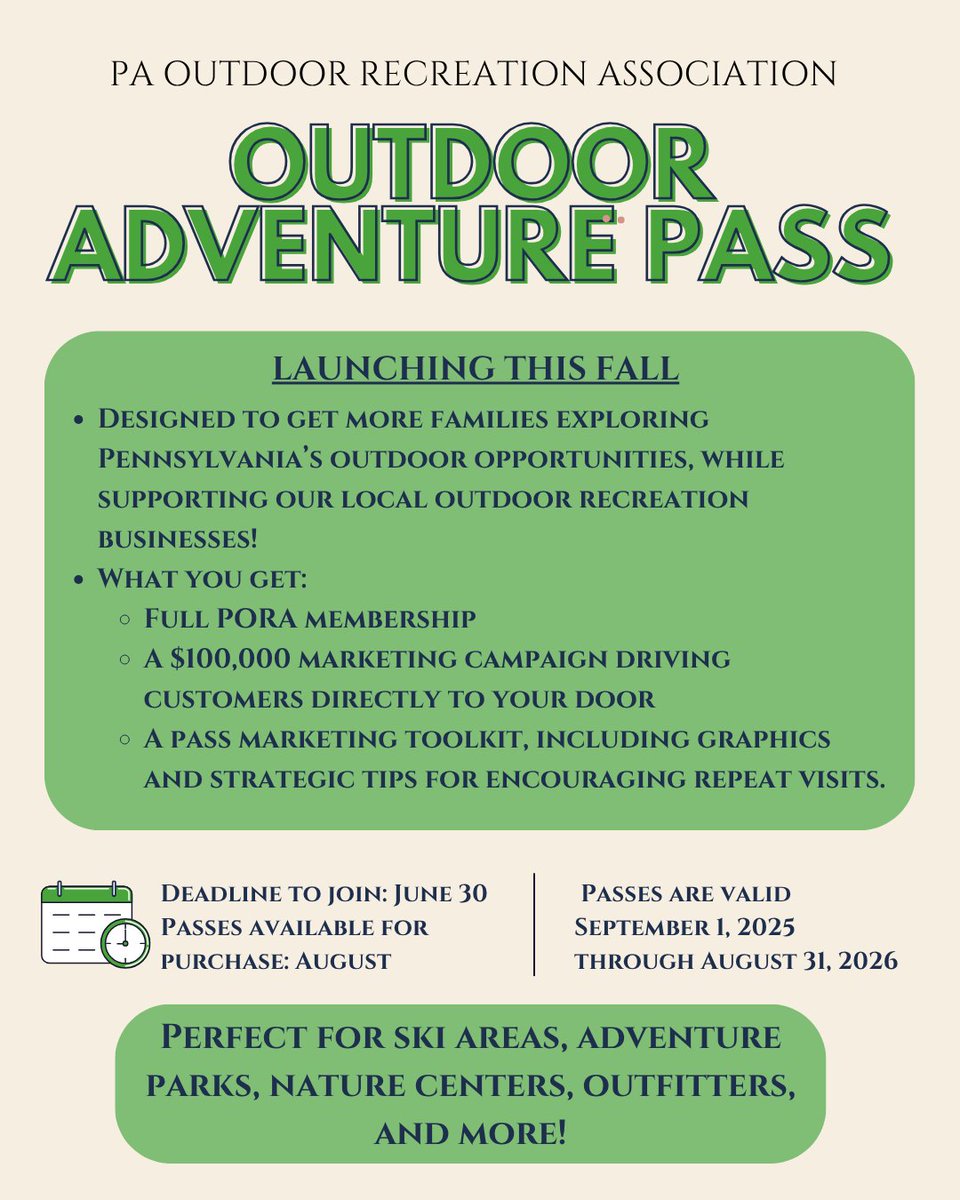 Calling outdoor recreation businesses in Dauphin and Cumberland County! The new PA Outdoor Adventure Pass is launching this fall, and local providers can join the program at no cost.
Learn more: paoutdoors.org/pa-outdoor-pas…
#PAOutdoors #SmallBusiness #OutdoorRecreation
