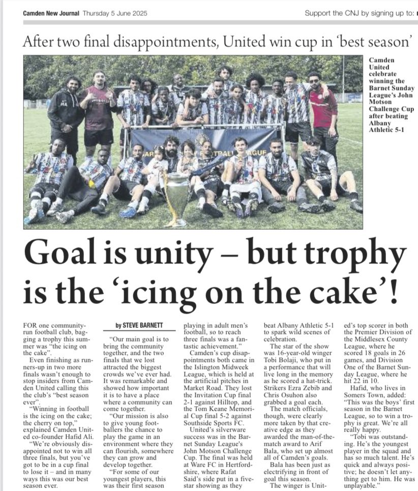 Camden United FC (@camdenunitedfc) on Twitter photo Thank you to <a href="/NewJournal/">Camden New Journal</a> for shining a light on what we’ve achieved this season.
Wins, losses, trophies aside, it’s always been bigger than football. It’s about building for the community, by the community.
Next season, we go again. Stronger & better ❤️🖤 #ForAbdulaziz Thank you to <a href="/NewJournal/">Camden New Journal</a> for shining a light on what we’ve achieved this season.
Wins, losses, trophies aside, it’s always been bigger than football. It’s about building for the community, by the community.
Next season, we go again. Stronger & better ❤️🖤 #ForAbdulaziz