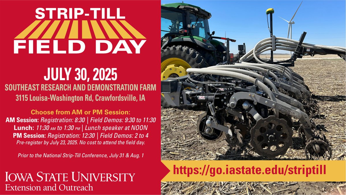 Considering reduced tillage? See strip-till bars in action at the July 30th Strip-Till Field Day at the Southeast Research and Demonstration Farm! Pre-register by July 23 🔗go.iastate.edu/striptill 
#StripTill #ISUCrops