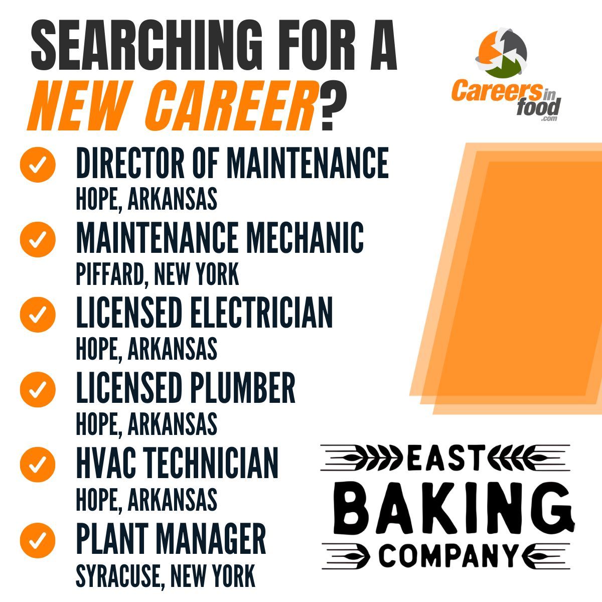 There are job opportunities available at East Baking Company ⤵️

careersinfood.com/east-baking-co… 

- Director of Maintenance 
- Maintenance Mechanic 
- Licensed Electrician 
- Licensed Plumber 
- HVAC Technician 
- Plant Manager 

#RemoteJobs