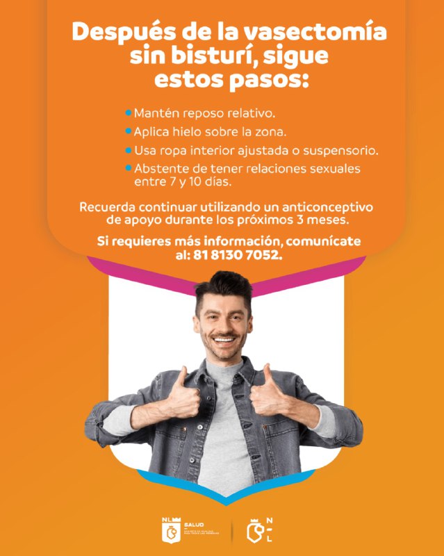 ¿Ya te realizaste la vasectomía sin bisturí? 🙌
¡Bien hecho! Ahora sigue las recomendaciones médicas para una recuperación sin problemas. 🧊🩺
Descansa, cuida tu cuerpo y recuerda: la protección no termina el mismo día.