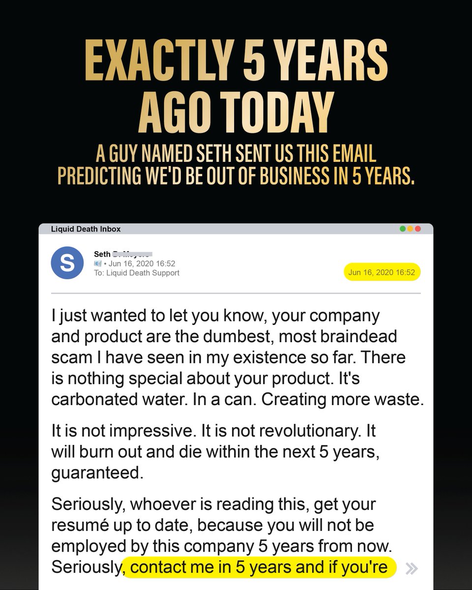 LiquidDeath's tweet image. Seth owes us $100 in person as promised. Not only is Liquid Death not out of business, we are currently the #1 iced tea brand on Amazon and 4 of our new soda-flavored sparkling waters are in the Top 10 new flavors launched this year in the entire flavored sparkling industry.โฆ