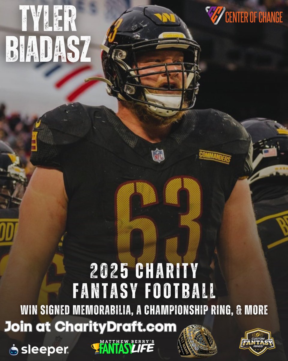 AE30Foundation's tweet image. ‼️Announcing the 1st annual @TylerBiadasz Charity Fantasy Football League! Profits support Center of Change.
Prizes include signed memorabilia, a championship ring, and more.
REGISTER NOW at CharityDraft.com 🏈