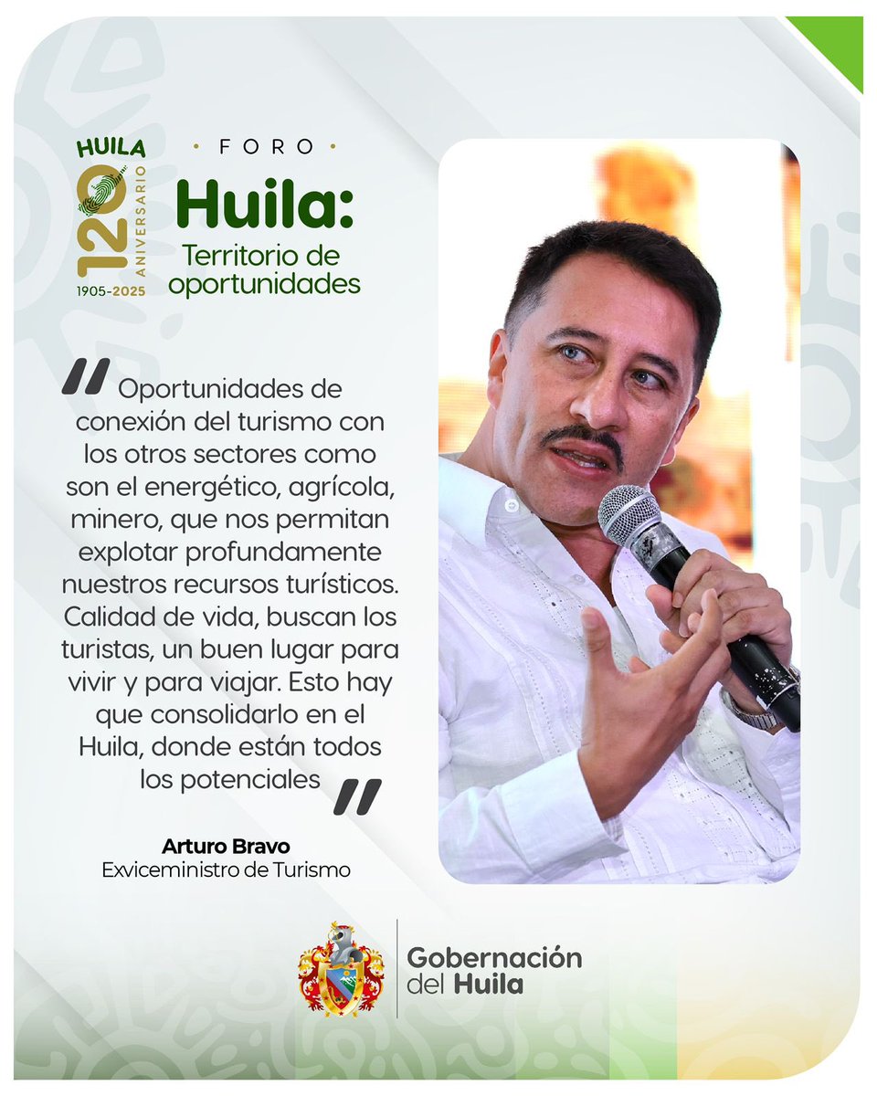 Hoy, en el marco de los 120 años de vida institucional del #Huila, vivimos un momento histórico con el foro ‘Huila, Territorio de Oportunidades’. Agradezco a los panelistas por sus valiosos aportes para impulsar nuestras potencialidades en agricultura, minería, energías limpias y