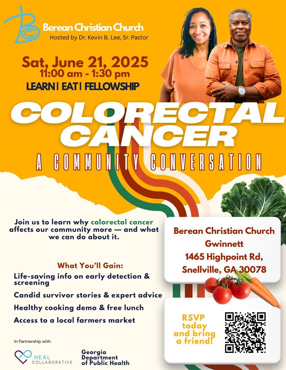 HEAL Collaborative (@healcollab) on Twitter photo We’re 5 days away! Join us Sat, June 21 at Berean Christian Church (Snellville, GA) for a powerful #ColorectalCancer Community Conversation 🗣️💙
âś… Patient stories
âś… Expert insights
âś… Early detection saves lives
<a href="/GaDPH/">GaDeptPublicHealth</a>
🔗 Register: healcollaborative.org/event/a-commun…
#EarlyDetection We’re 5 days away! Join us Sat, June 21 at Berean Christian Church (Snellville, GA) for a powerful #ColorectalCancer Community Conversation 🗣️💙
âś… Patient stories
âś… Expert insights
âś… Early detection saves lives
<a href="/GaDPH/">GaDeptPublicHealth</a>
🔗 Register: healcollaborative.org/event/a-commun…
#EarlyDetection