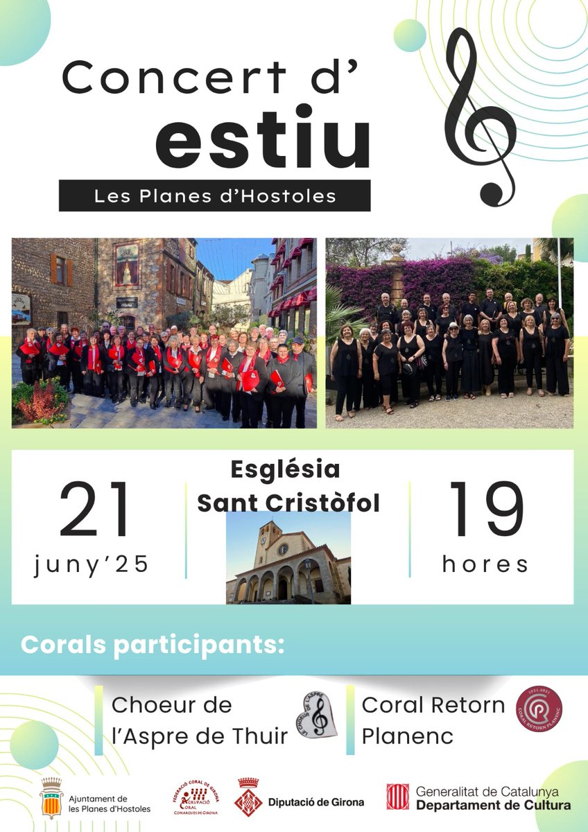 Concert d'Estiu d'aquest dissabte a les 7 de la tarda a l'església Sant Cristòfol de Les Planes d'Hostoles.

Amb la participació de les corals Choeur de L'Aspre de THUIR i de la Coral Retorn Planenc

📻Retransmès per Ràdio Les Planes (107.7 FM i radiolesplanes.com).