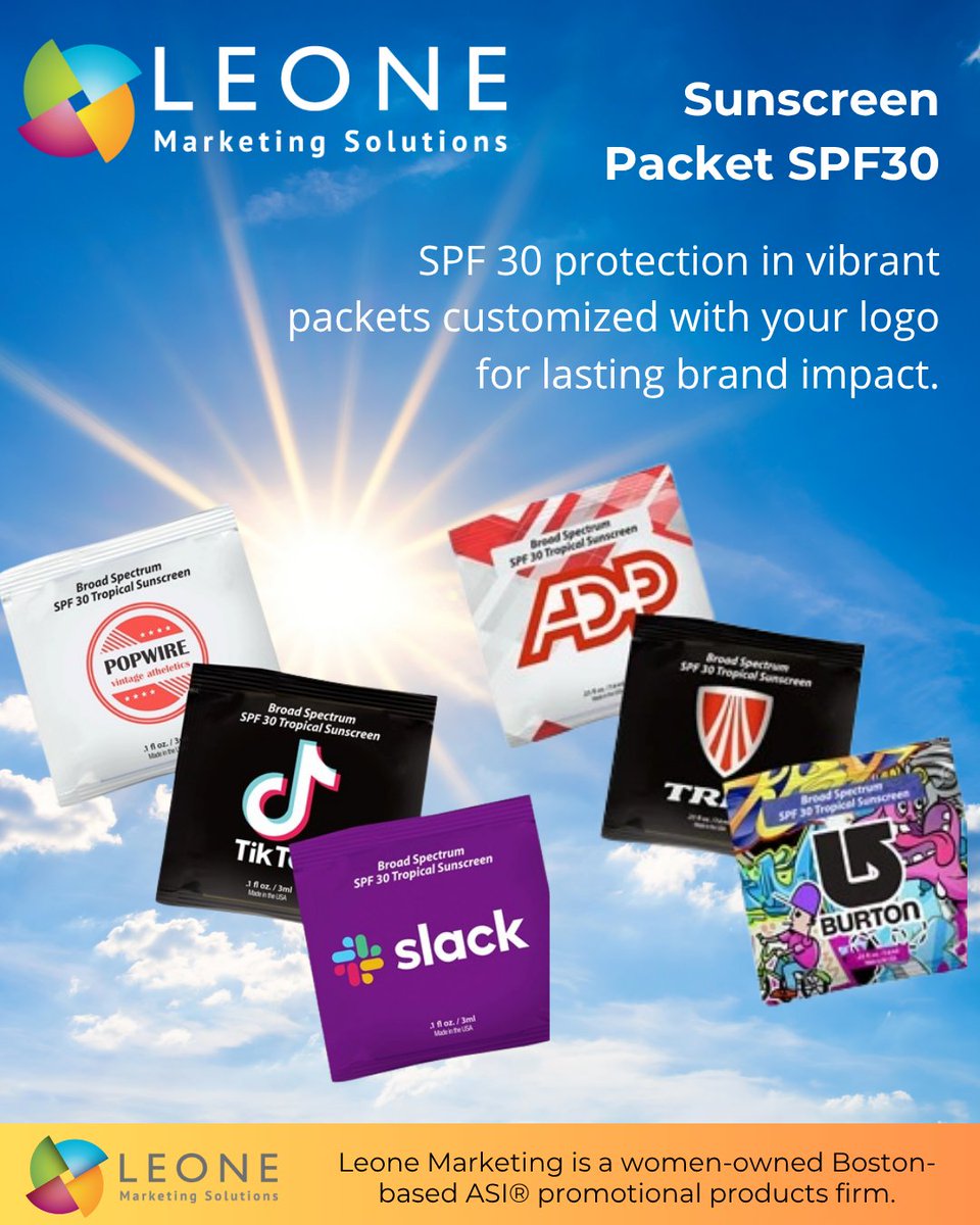 Stay sun-safe in style with custom SPF 30 sunscreen packets—perfect for events &amp; promos.

Customize Now:
leonemarketingsolutions.espwebsite.com/ProductDetails…

#CustomSunscreen #BrandPromotion #SPF30Protection #OutdoorEvents #LogoGiveaway