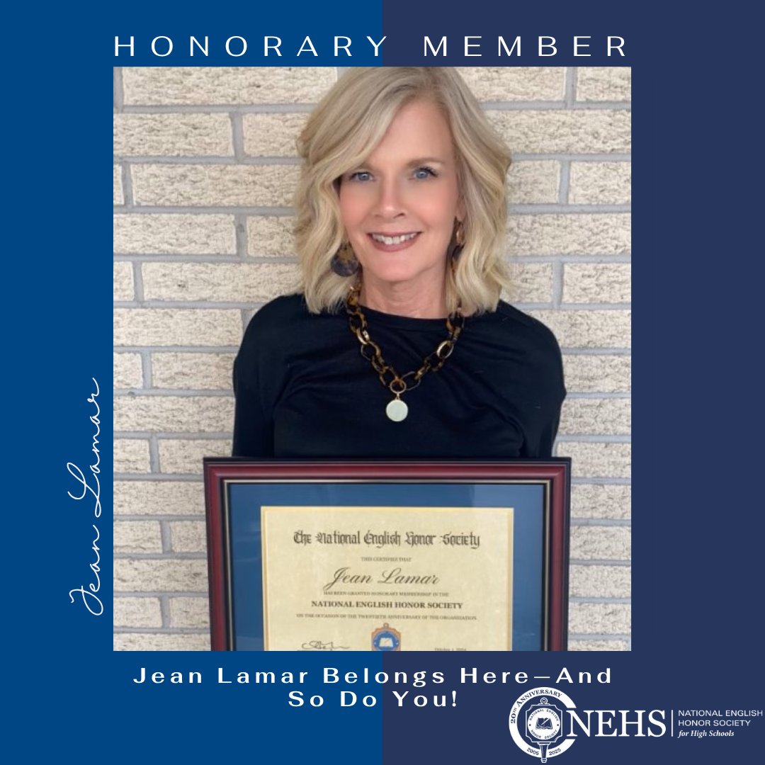 Jean Lamar Belongs Here—And So Do You! Welcome Jean Lamar as an honorary member of NEHS. #EnglishHonor #NationalEnglishHonorSociety #nehs4hs #EnglishHonorSociety #secondaryenglish #nehs20 #youbelonghere