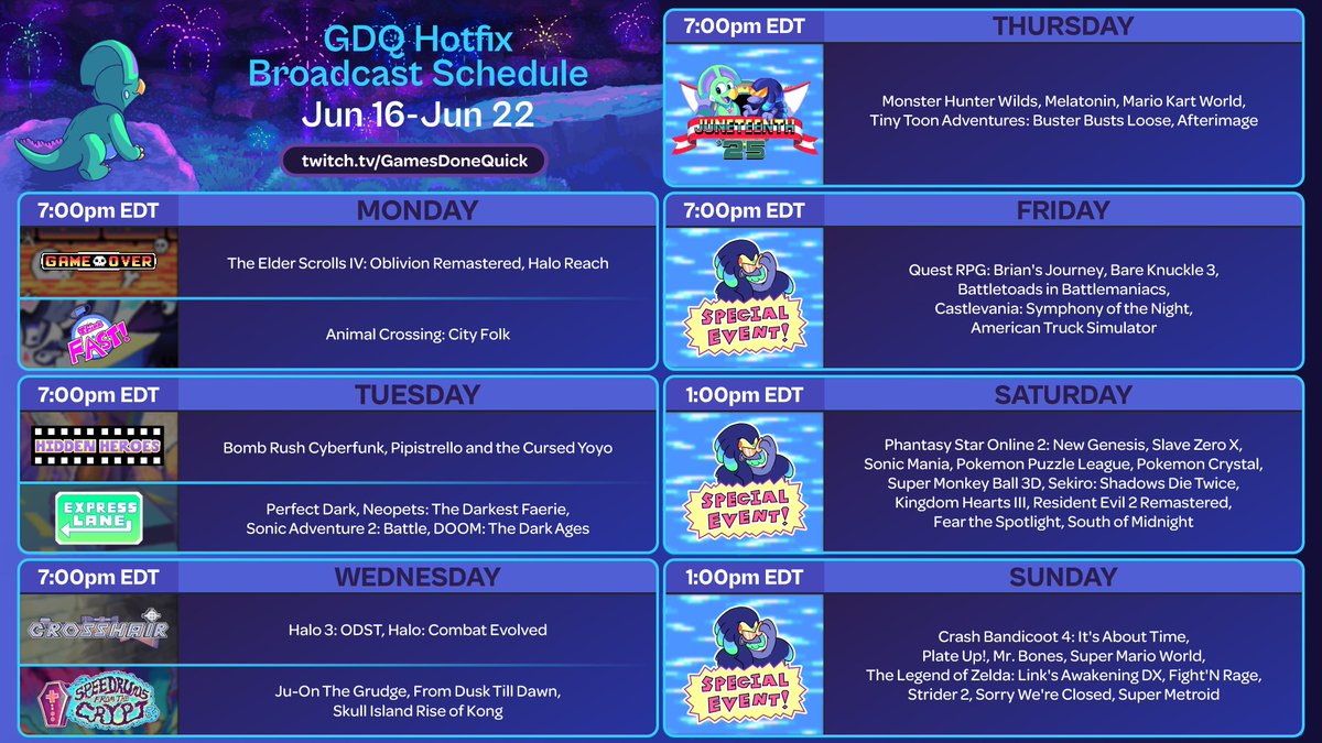 Guess what? 

JUNETEENTH STARTS THURSDAY!!!!!!!!!!!!! 🎉

gamesdonequick.com/hotfix/schedule
