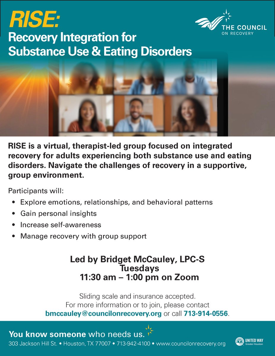 The Council on Recovery (@councilrecovery) on Twitter photo Space is still available in our new online group for adults experiencing both substance use and eating disorders. For more info, contact Bridget McCauley, LPC-S at bmccauley@councilonrecovery.org or 713-914-0556. Space is still available in our new online group for adults experiencing both substance use and eating disorders. For more info, contact Bridget McCauley, LPC-S at bmccauley@councilonrecovery.org or 713-914-0556.