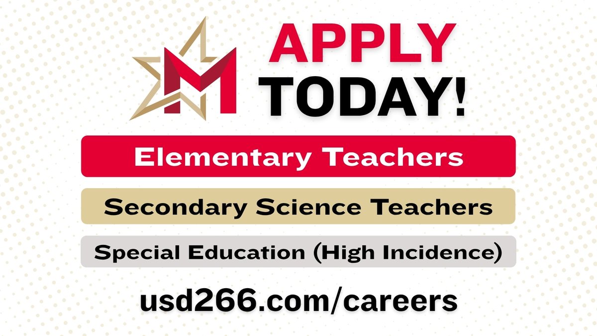 Join the #MaizeFamily at Maize USD 266! Now hiring:
🍎 Elementary Teachers
🔬 Secondary Science Teachers
🌟 Special Education (High Incidence) Teachers

Ready to make a difference? Apply now → usd266.com/careers