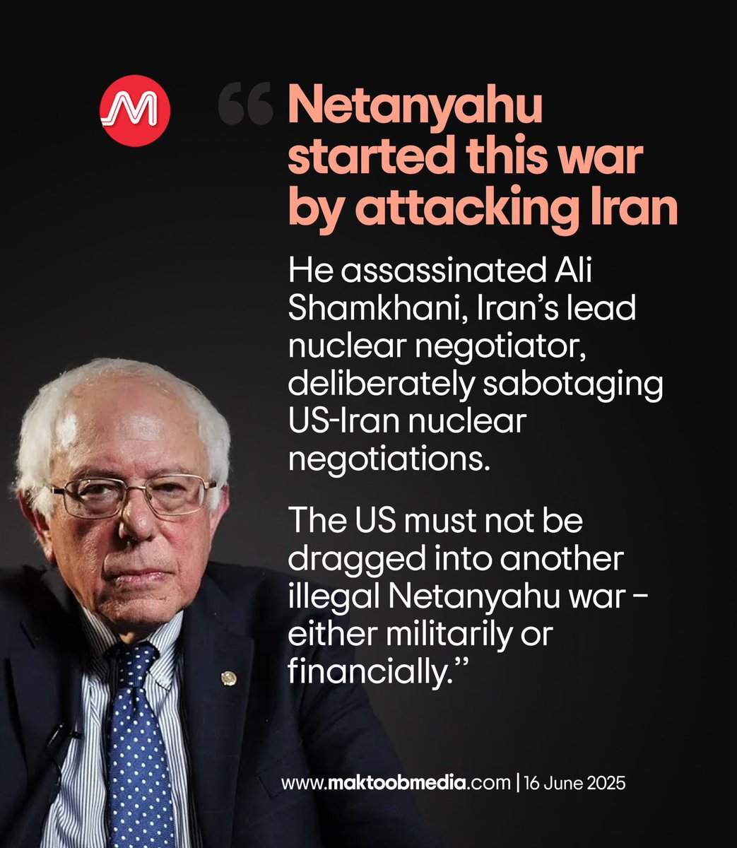 Netanyahu started this war by attacking Iran. 

He assassinated Ali Shamkhani, Iran’s lead nuclear negotiator, deliberately sabotaging US-Iran nuclear negotiations.

The US must not be dragged into another illegal Netanyahu war – either militarily or financially.

Bernie Sanders