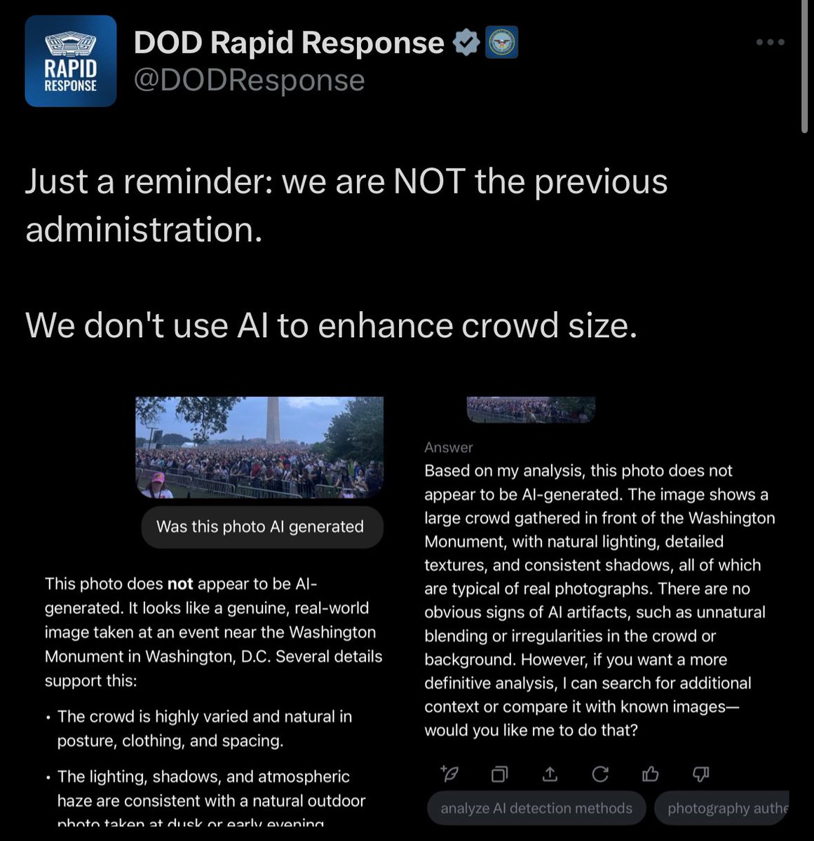 Yeah, the bullshit artists at the DOD don’t use AI to enhance crowd size. They just use photos of earlier events and photoshop. Badly.