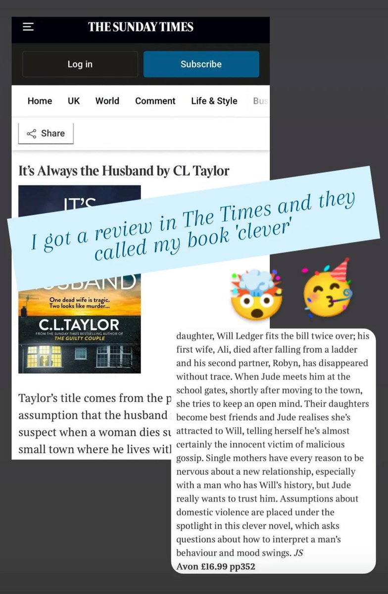 callytaylor's tweet image. It's Always the Husband was reviewed in The Times by Joan Smith and she called it clever. Mind blown and day made!
cltaylorauthor.com/its-always-the…