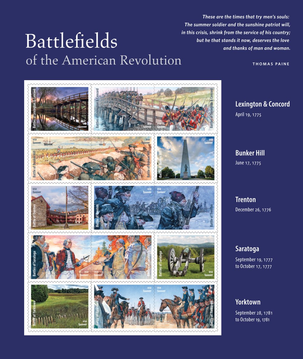 Just issued today, a wonderful set of postage stamps by Greg Harlin illustrating the “Battlefields of  American Revolution.” Support the USPS by using snail mail and also resisting the attempts to privatize, defund, and dismantle this important American institution.