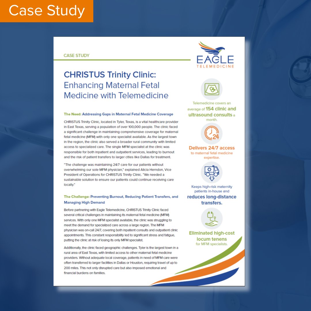 Hear CHRISTUS Trinity Clinic experience with us  to implement a MFM telemedicine program. We provided inpatient and outpatient care, consultations and follow-ups, and enabled an average of 154 clinical and ultrasound consults a month. #EagleTelemedicine hubs.la/Q03q4Fby0