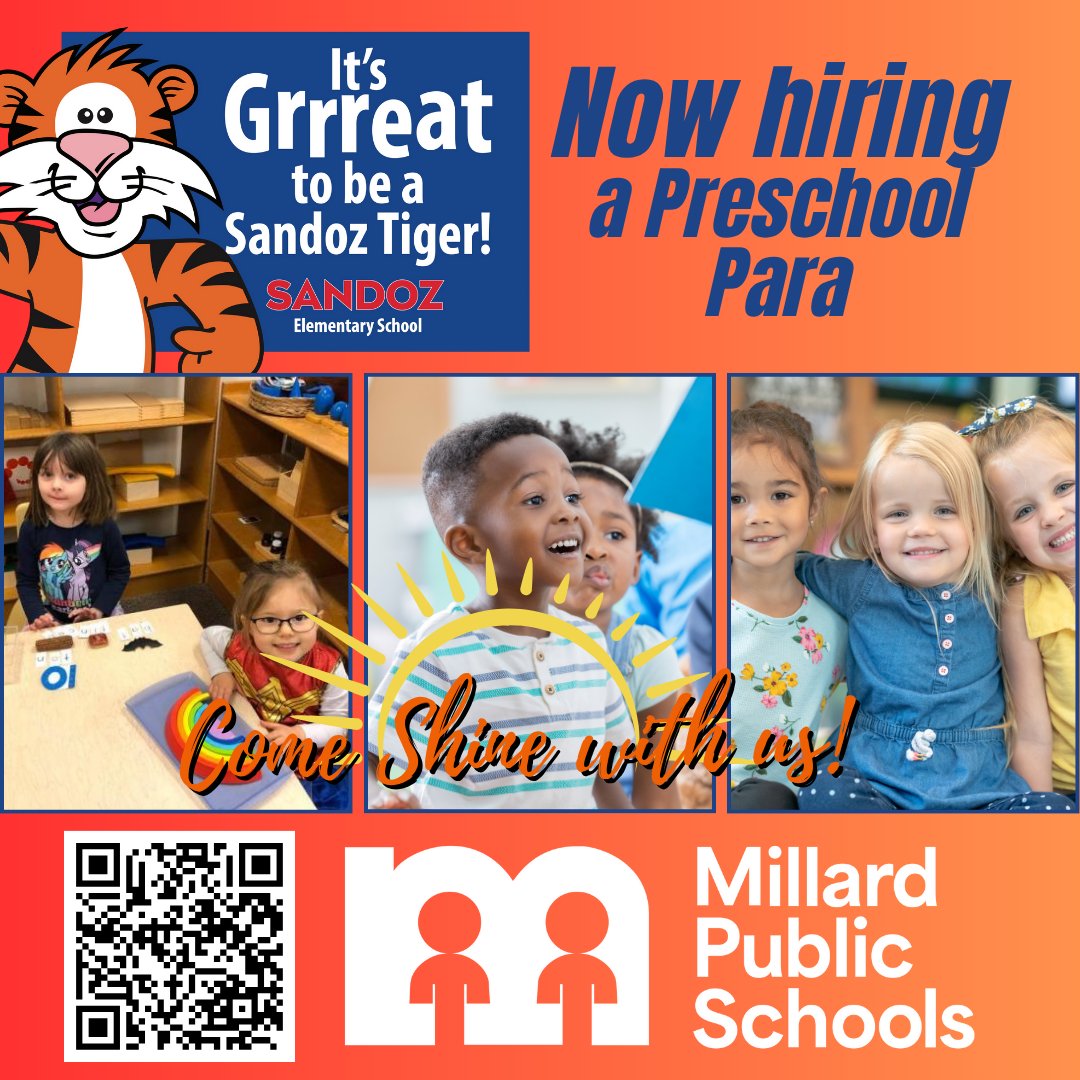 Sandoz Elementary (@sandoztigers) on Twitter photo 📷 Now Hiring! Sandoz Elementary is looking for a PreK Paraprofessional to join our full-day preschool team. Help our littlest learners grow in a caring, inclusive environment! 📷 8:30 AM–3:30 PM Apply now ➡careers.mpsomaha.org
<a href="/sandoztigers/">Sandoz Elementary</a> #SHINEwithMPS #EdJobs #PreK 📷 Now Hiring! Sandoz Elementary is looking for a PreK Paraprofessional to join our full-day preschool team. Help our littlest learners grow in a caring, inclusive environment! 📷 8:30 AM–3:30 PM Apply now ➡careers.mpsomaha.org
<a href="/sandoztigers/">Sandoz Elementary</a> #SHINEwithMPS #EdJobs #PreK