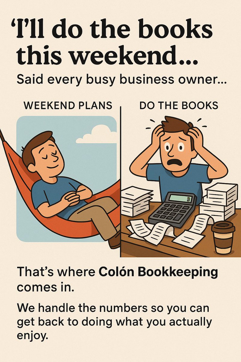 Colonbkpg's tweet photo. 🧾 “I’ll do the books this weekend…”
👉 Said every busy business owner… who never actually has time.

That’s where Colón Bookkeeping comes in.

💡 Real support. Just clean books and clear insights.

#Relatable #SmallBusinessSupport #OutsourceSmart #BookkeepingRelief https://t.co/rkwDTA5XAi