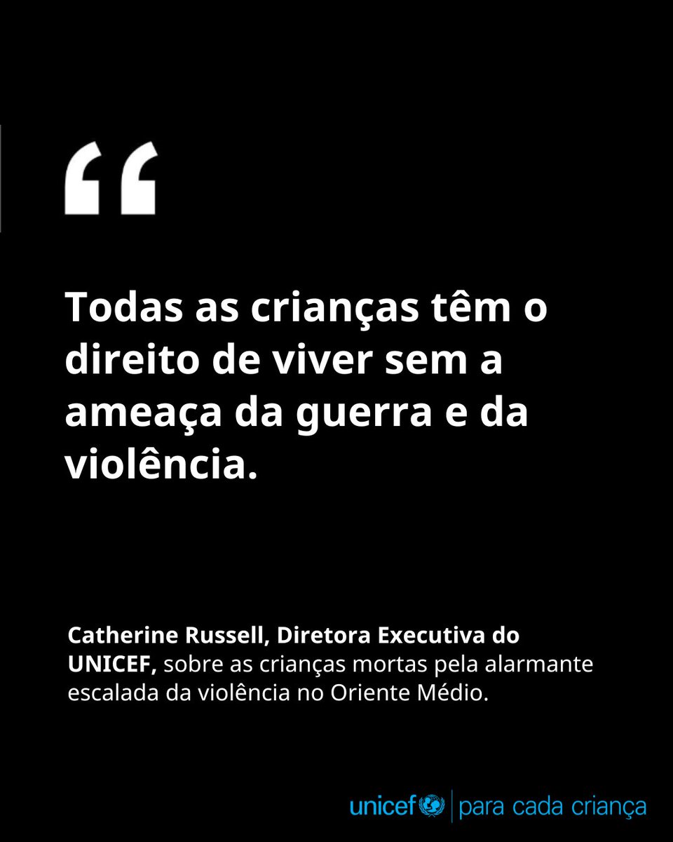 "O aumento da violência neste fim de semana em todo o Oriente Médio sinaliza uma escalada perigosa. As crianças estão mais uma vez pagando o preço final."

Leia a declaração completa da Diretora Executiva do UNICEF, Catherine Russell, em:  unicef.link/4mZgpU1