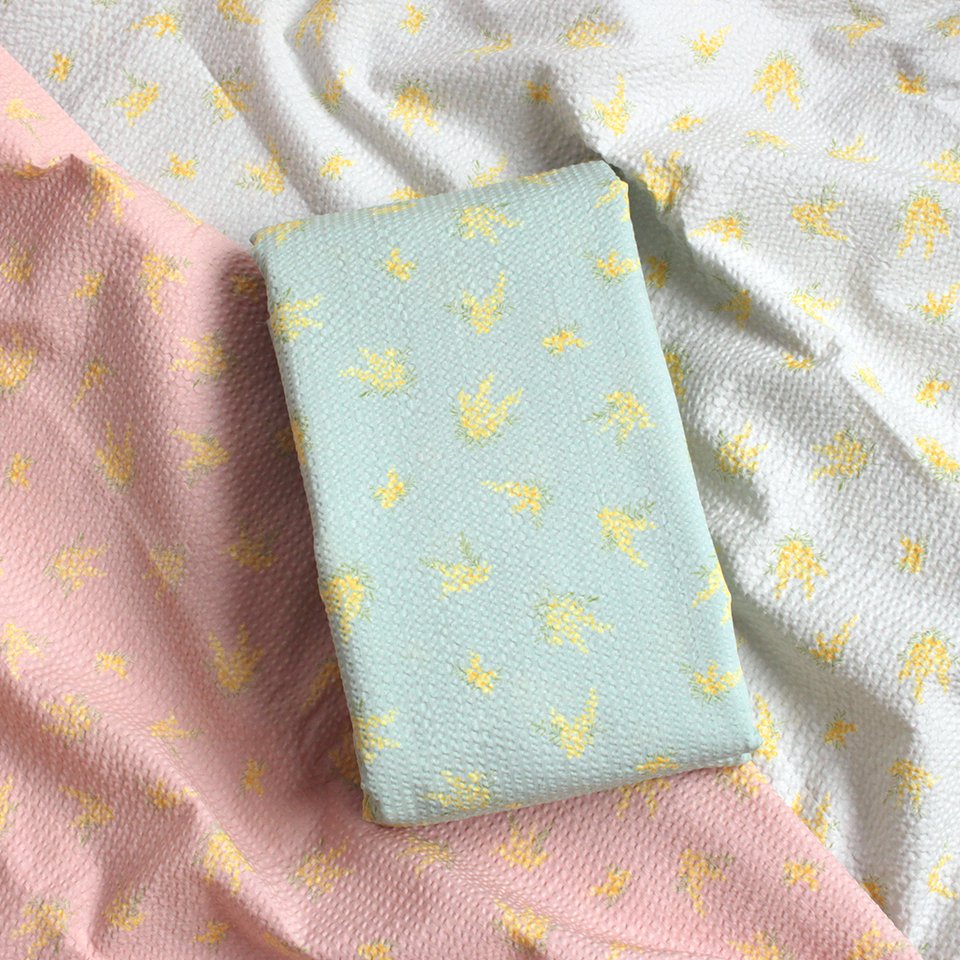 🆕新商品 リップルプリント生地 ミモザ柄 ２ｍカット ＼ 夏の定番・リップル生地に、人気のミモザ柄をプリントしたカットクロス✨  ポコポコとした表面で肌離れがよく、夏の衣料作りに最適です‼ ▽詳細＆通販はこちら https://t.co/sJPZuEpbZf