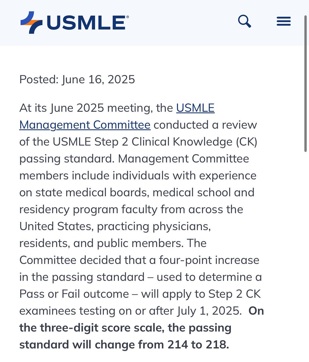 NEW PASSING SCORE FOR STEP 2 CK!!

Increasing from 214 to 218!!!

The USMLE Management Committee establishes the minimum passing score. The USMLE Management Committee reviews data for each component in the USMLE sequence approximately once every four years and decides whether to