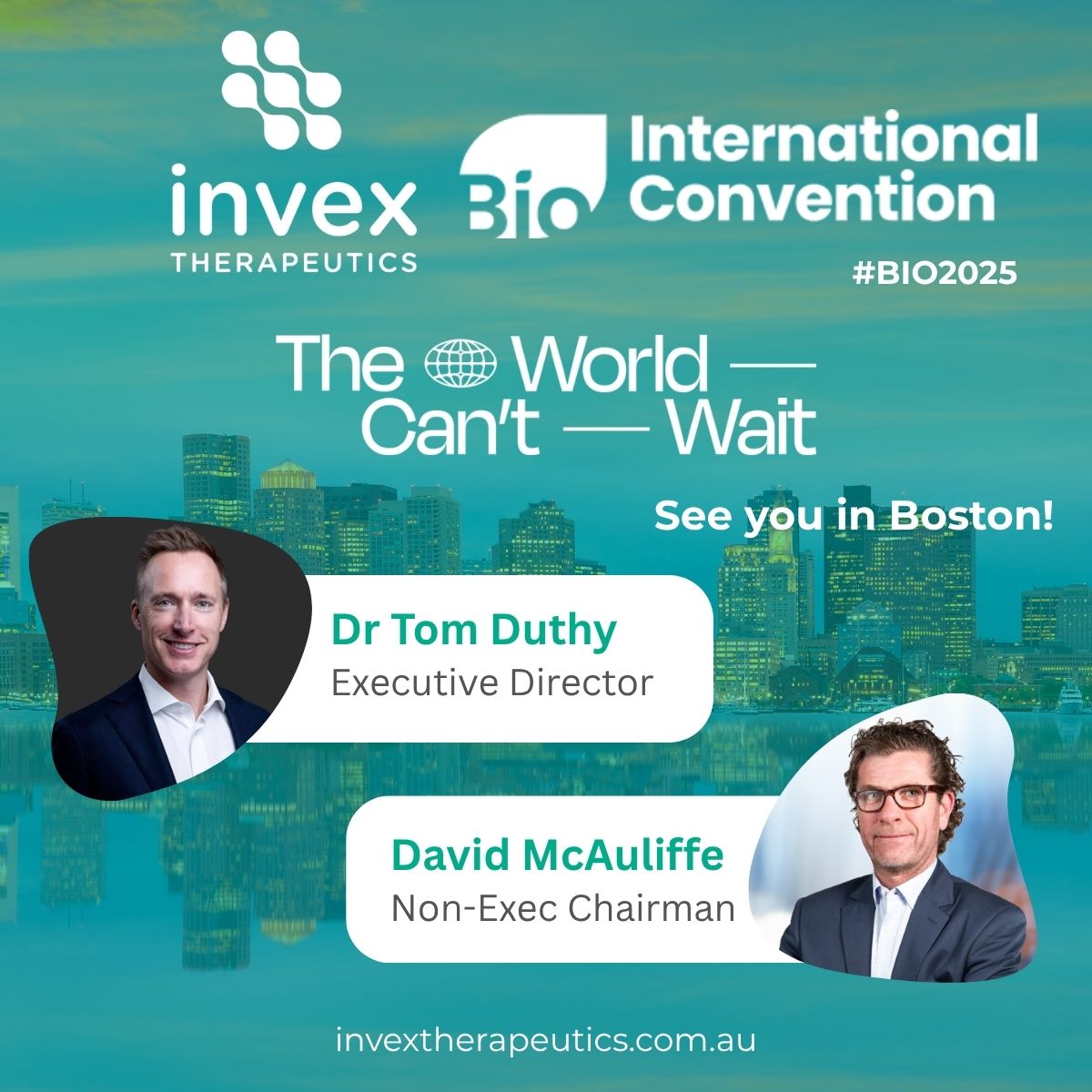 Great to have our Directors, Thomas Duthy and David McAuliffe representing Invex on the ground at #BIO2025 in Boston this week. They’re here meeting with potential partners, investors, and peers — and always open to new conversations around innovation and cutting edge technology.